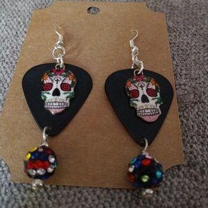 SUGAR SKULL CHARMS ON BLACK GUITAR PICK EARRINGS